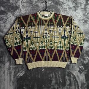 Vintage Sear The Mens Store Geometric Long Sleeve MultiColor Pullover Sweater L